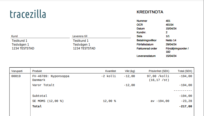 Kreditnota för justering av antal