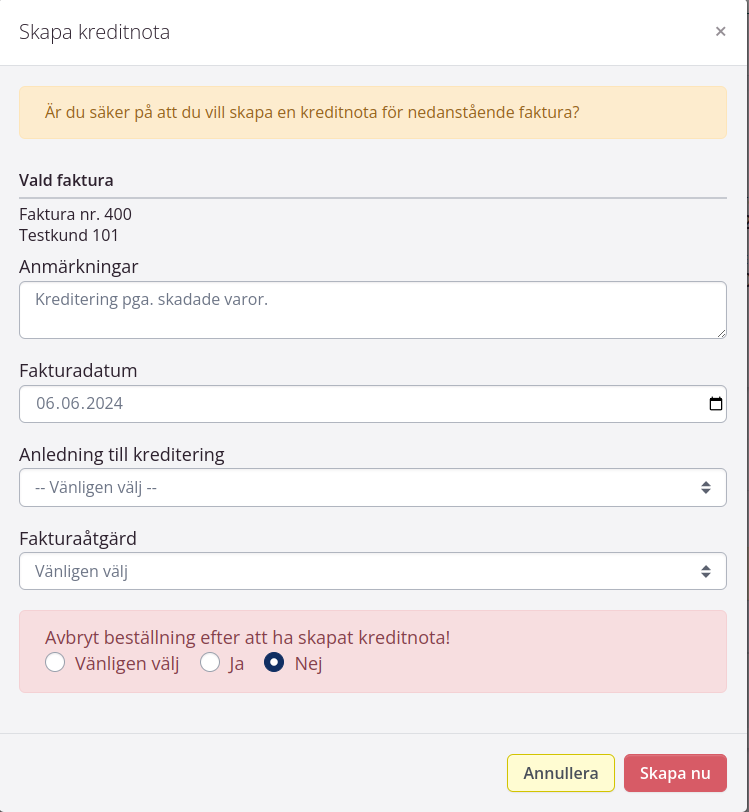 Skapa kreditnota för fakturan