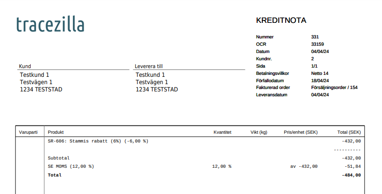 Kreditnota med rabattrad