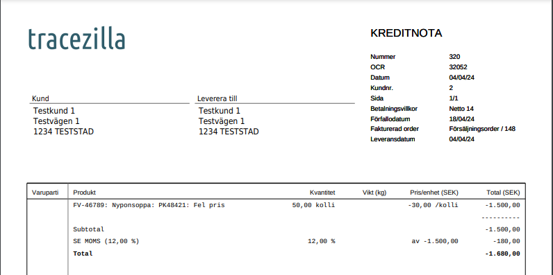 Exempel på kreditnota för priskorrigering