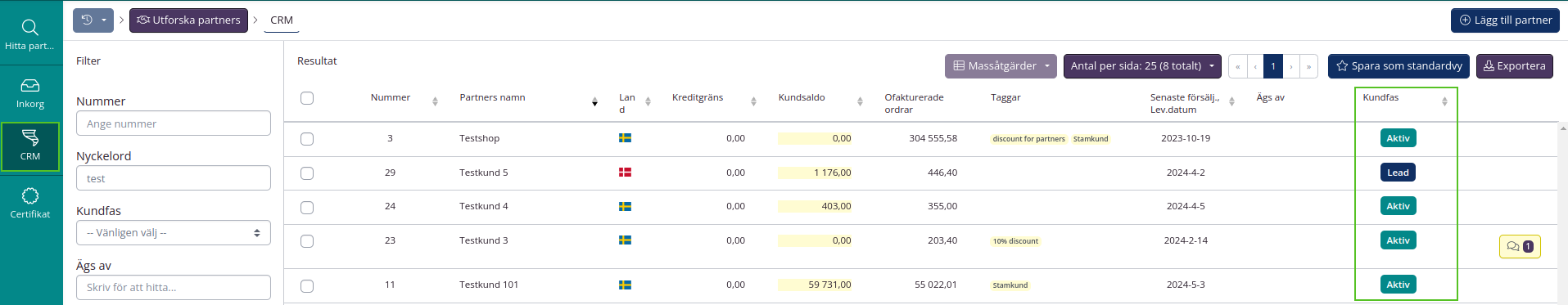 Ange kundstadie i CRM