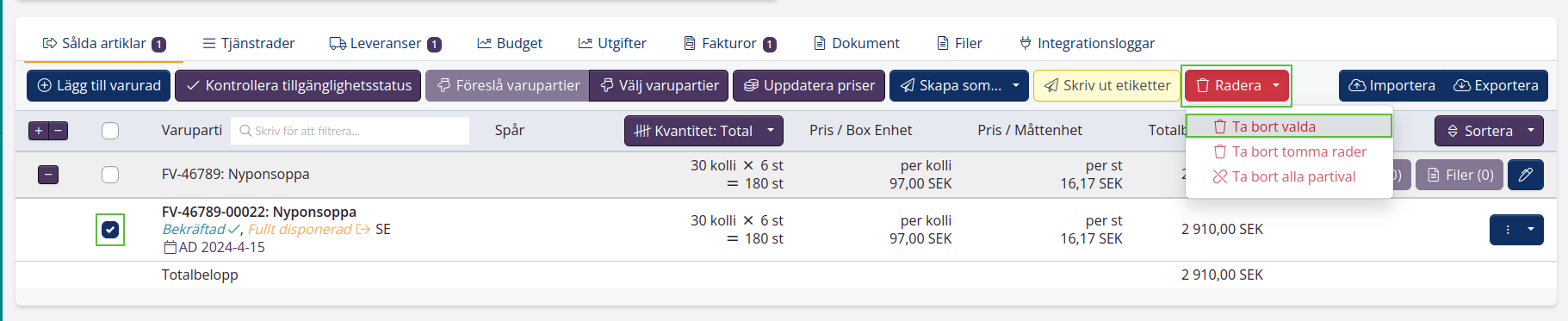 Ta bort varurader från ordrar