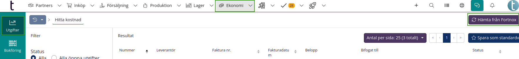 Hämta utgifter från Fortnox