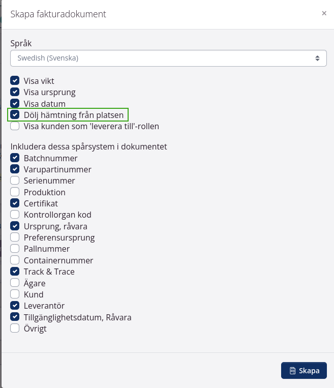 Dölj upphämtningsadress på fakturor i tracezilla