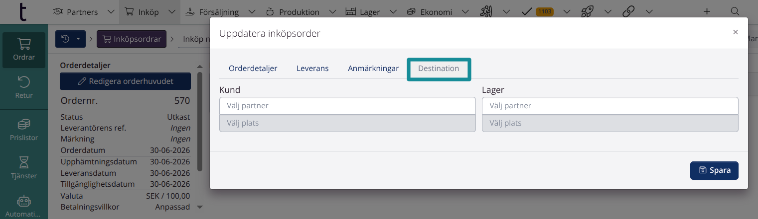 Orderhuvud: Destination