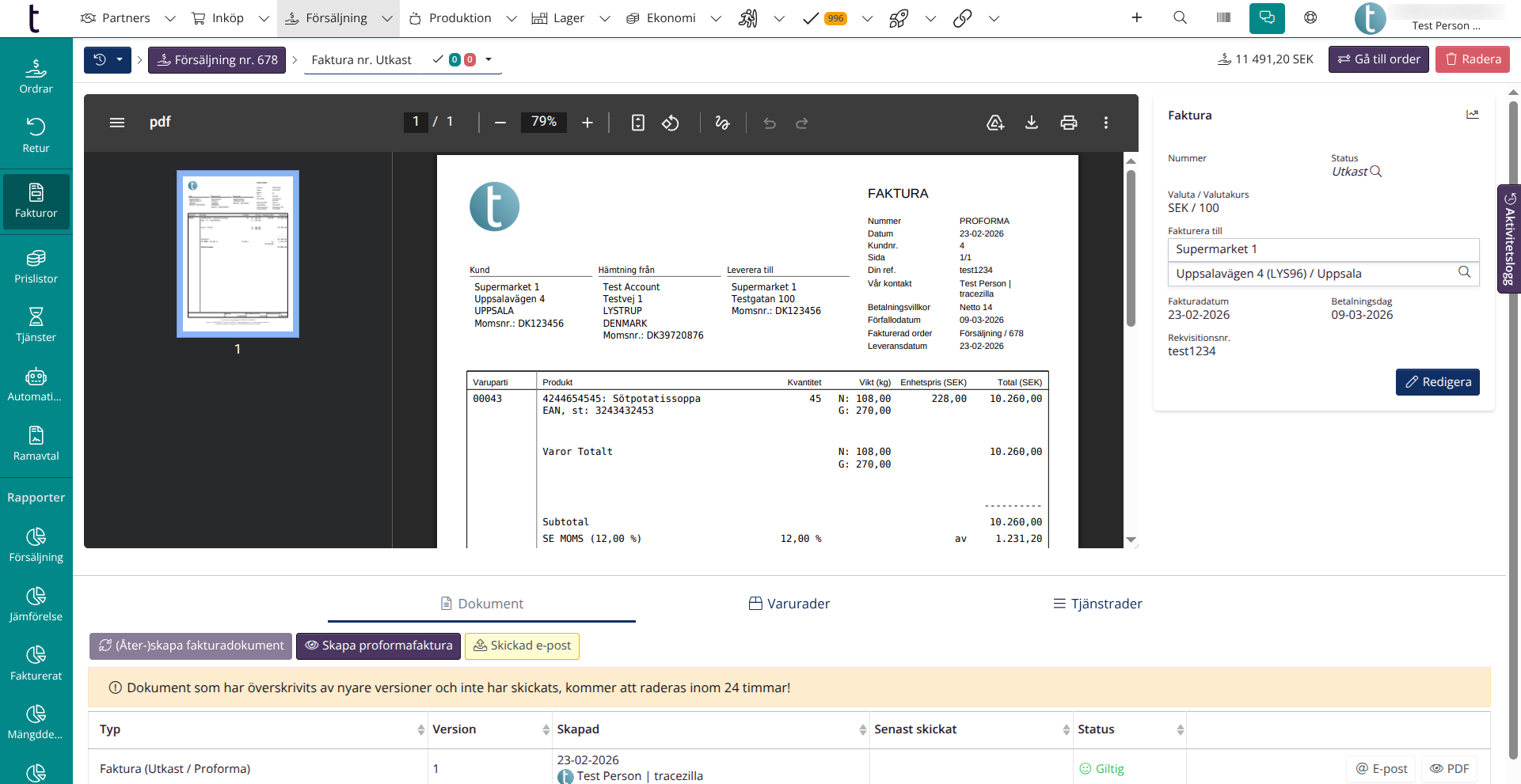 Fakturasida med förhandsvisning