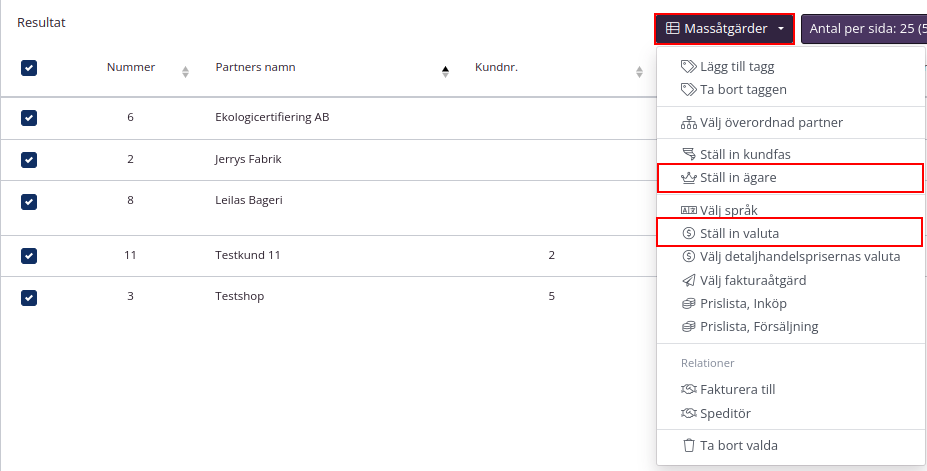 Ange en ägare och valuta för partner via massåtgärder