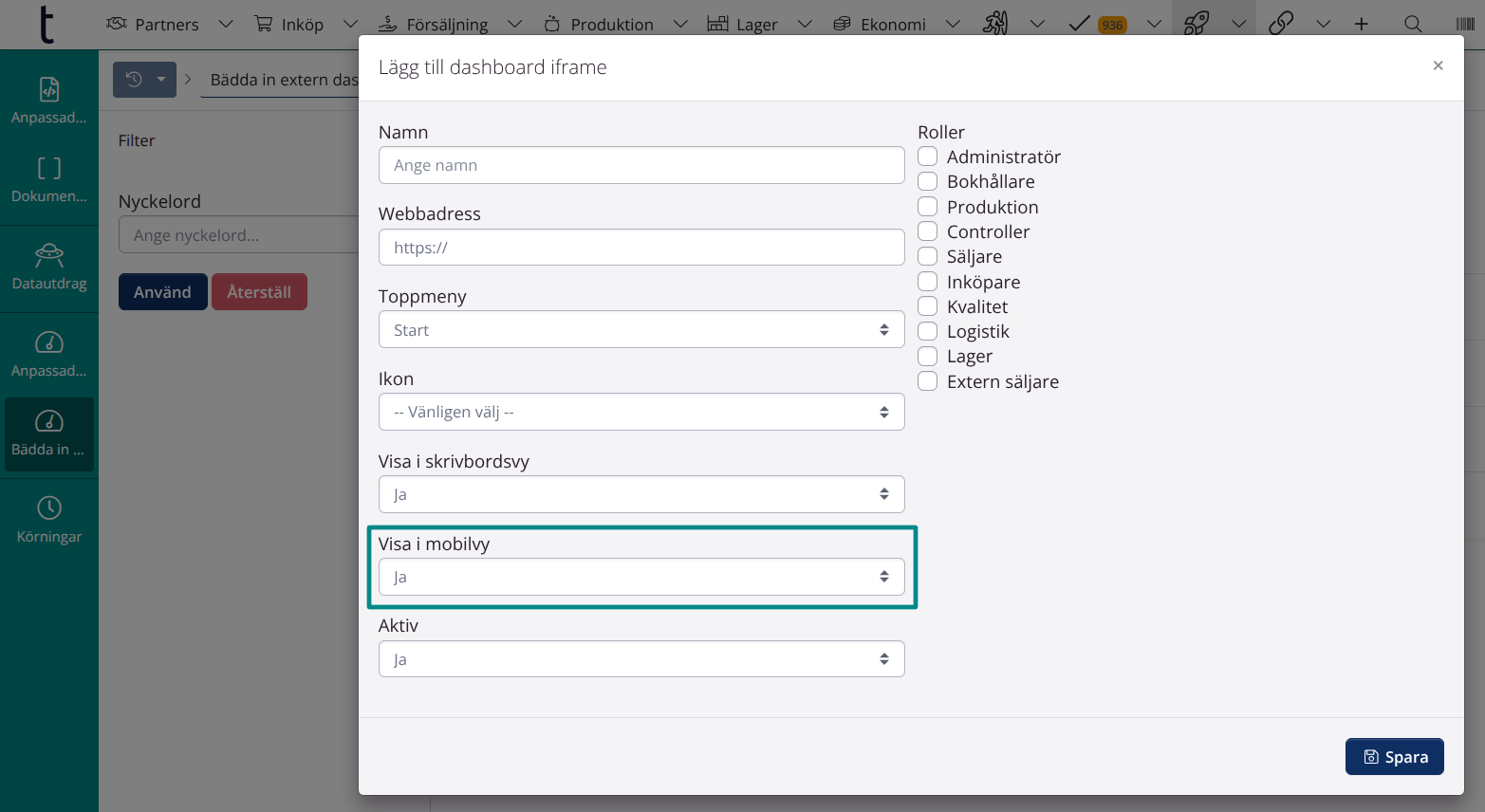 Egna menypunkter i mobilversionen