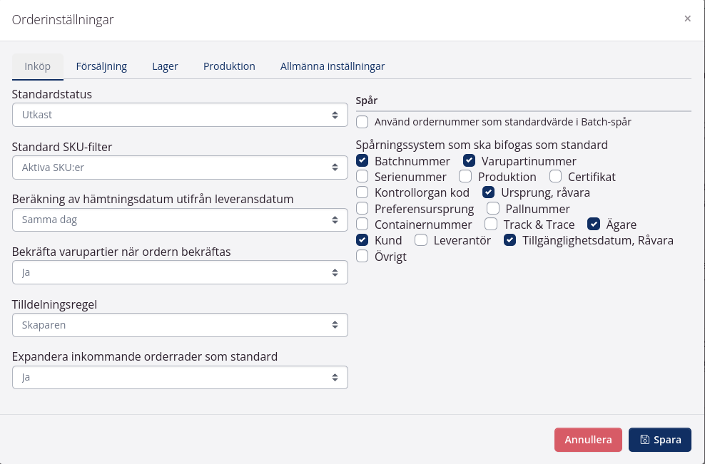 Orderinställningar i tracezilla