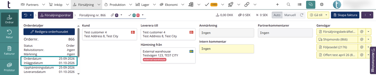 Orderhuvud: Orderdatum och inläggsdatum