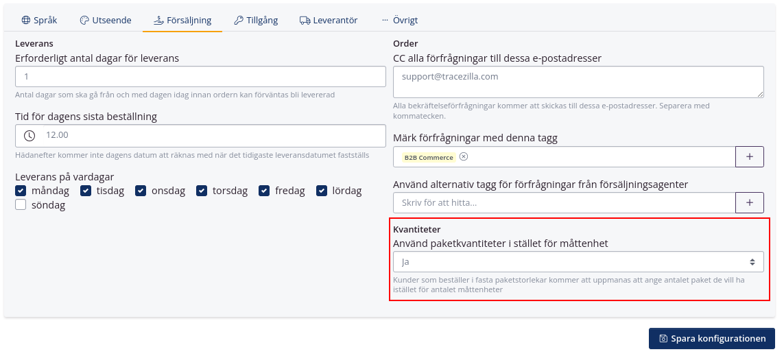 Paketinställningar i B2B-handel