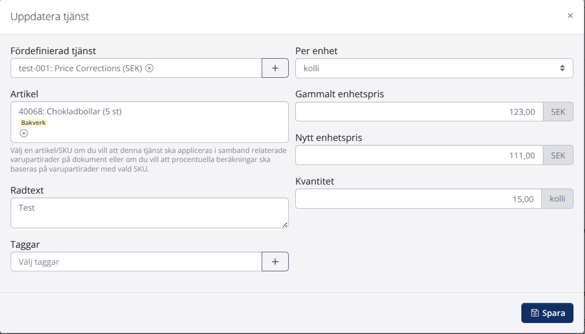 Skapa priskorrigering: Steg 2
