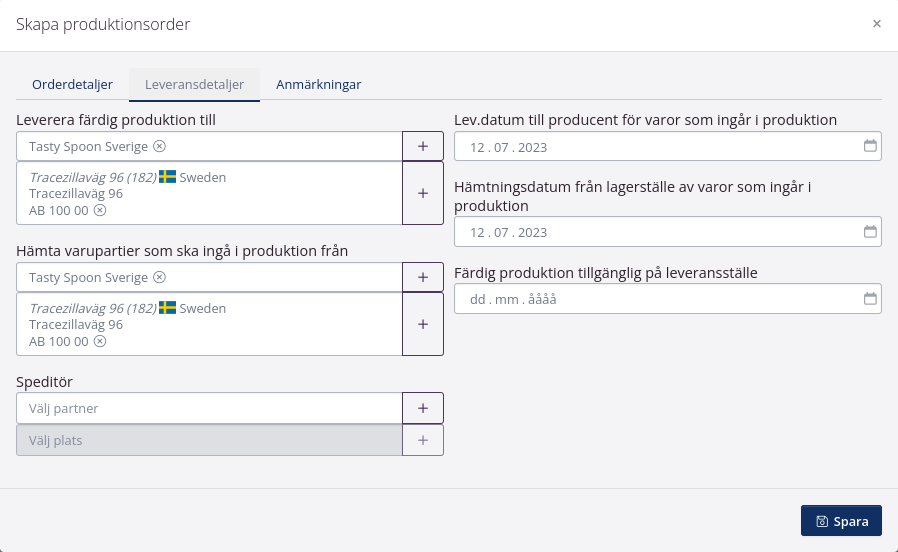 Exempel på leveransdetaljer på produktionsorder