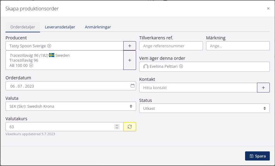 Exempel på ordredetaljer på produktionsorder