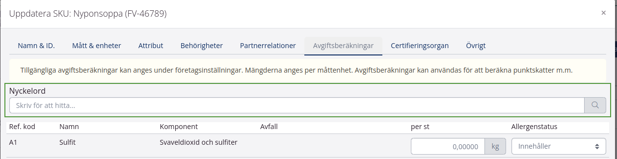 Avgiftsberäkningar: sökfält