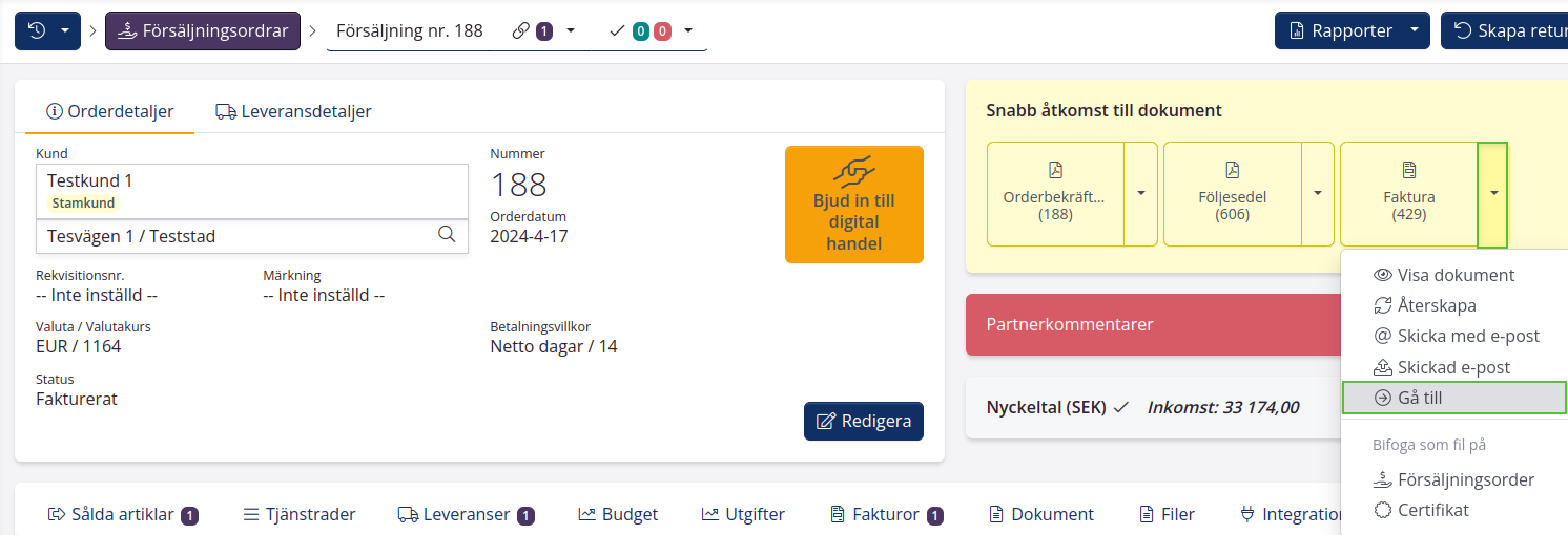 Gå till fakturavy för att skapa kreditnota