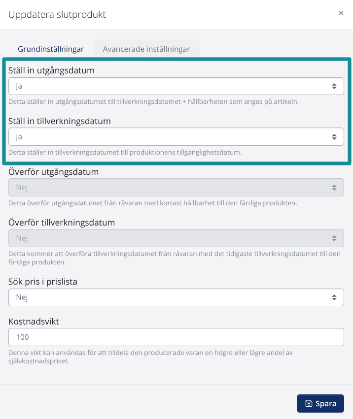 Recept: Ställ in utgångsdatum och tillverkningsdatum