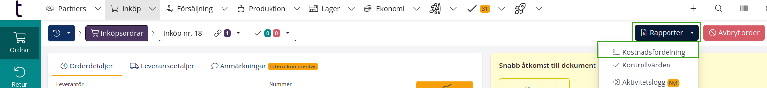 Gå till kostnadsfördelningsrapporten via en order