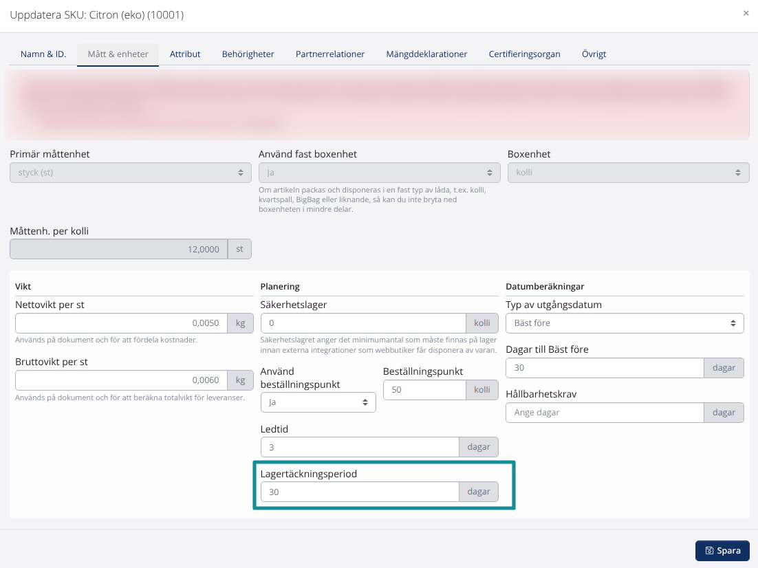 SKU-inställning: Inventory Coverage Period