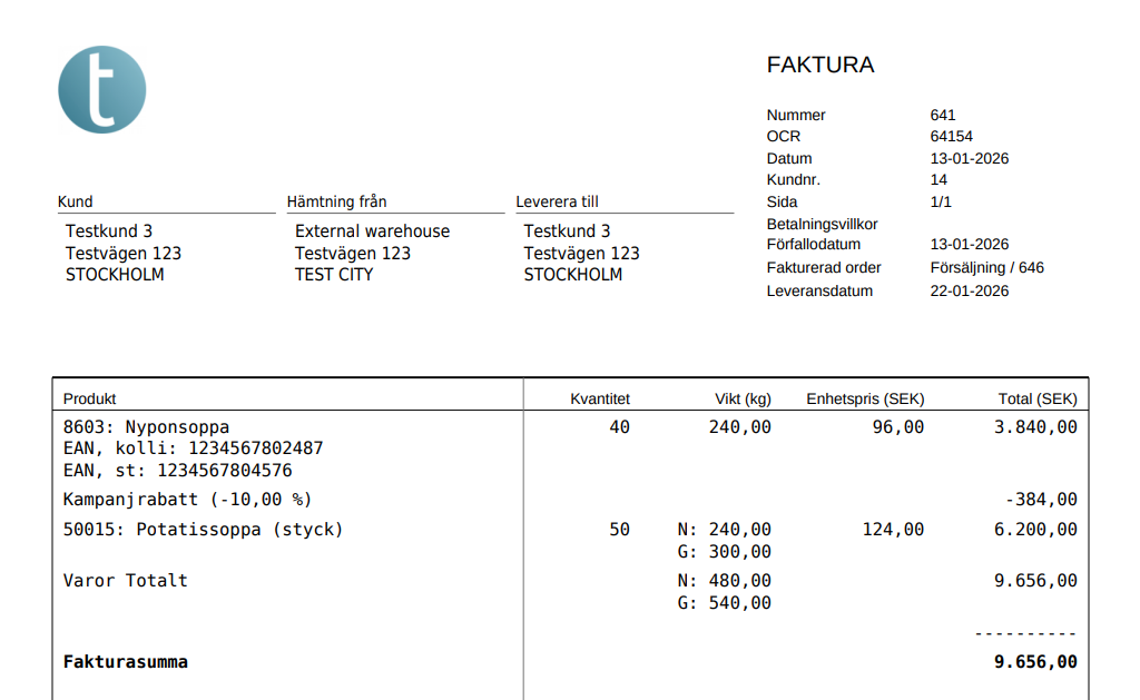 Exempel på standard faktura