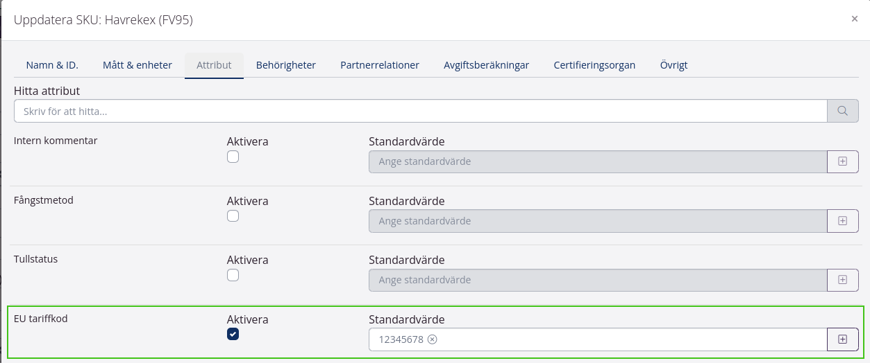 Intrastat-rapport: Tariffkodinställningar